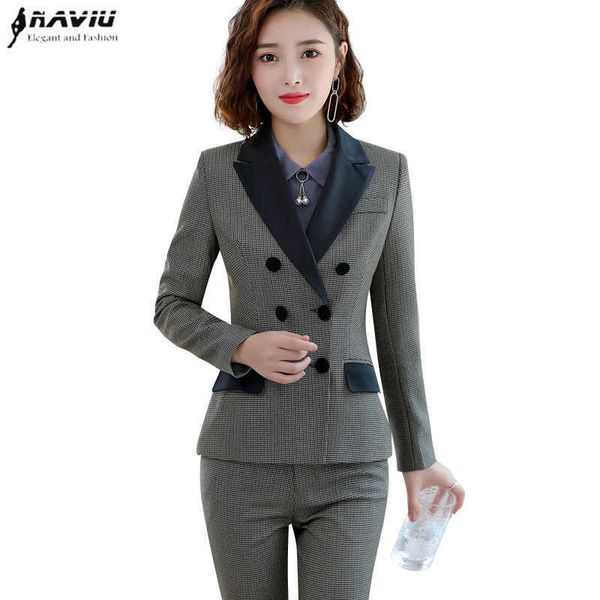 

autumn winter plaid pants suit women fashion formal long sleeve double-breasted blazer and trousers office ladies work wear 210604, White;black