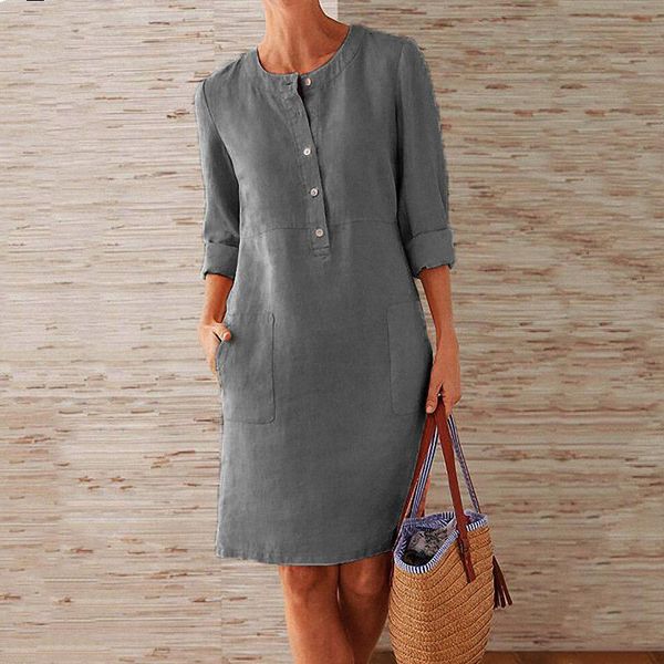 

casual dresses spring autumn cotton women's dress round collar long sleeve pullover button pockets solid plus size office lady, Black;gray