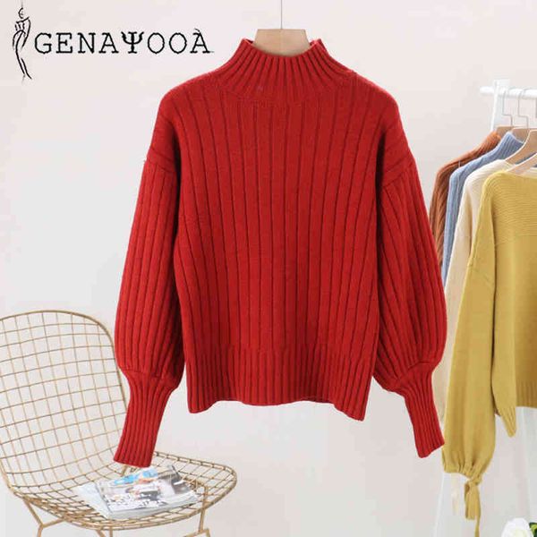 

genayooa knitted black sweater o neck turtleneck jumper lantern sleeve autumn winter women sweaters pullovers 210417, White;black