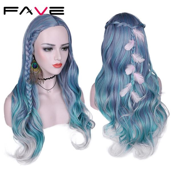 

hair mixed violet blue green light gray color heat resistant fiber long wavy synthetic wigs for women middle part party wigfactory direct, Black