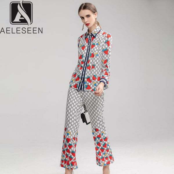 

two piece dress aeleseen 2021 spring office lady runway print twinset women single-breasted blouse + flare pants strawberry suit, White