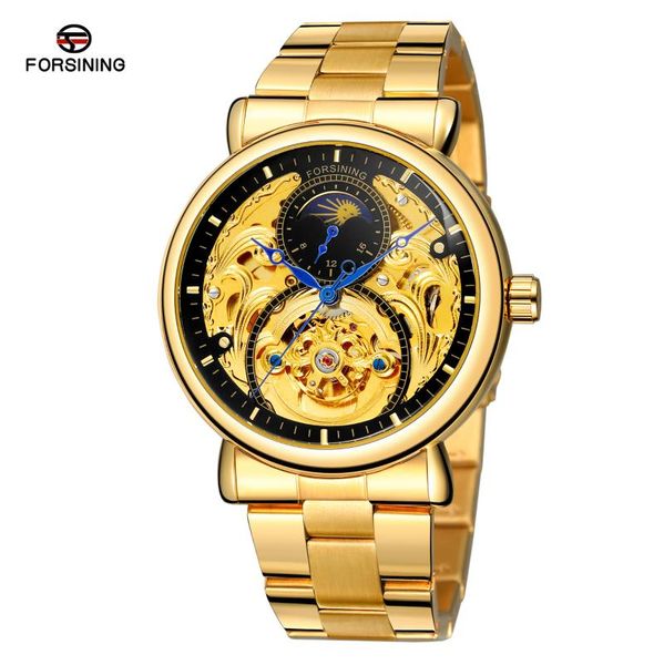 

wristwatches forsining uhren herren moon phase skeleton watches men automatic gold watch steel strap waterproof winder, Slivery;brown