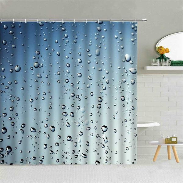 Gocce di pioggia Tenda da doccia a bolle Goccia d'acqua Sfondo di colore blu Decorazioni per il bagno Set di tende in tessuto impermeabile creativo moderno 211116