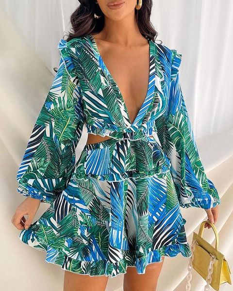 

casual dresses summer dress 2021 tropical print deep v-neck long sleeve, Black;gray