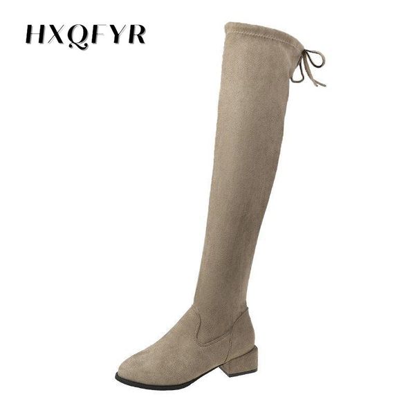 

boots 2021 women over knee thick high heel zipper shoes stretch flock pointed toe warm fashion footwear size, Black