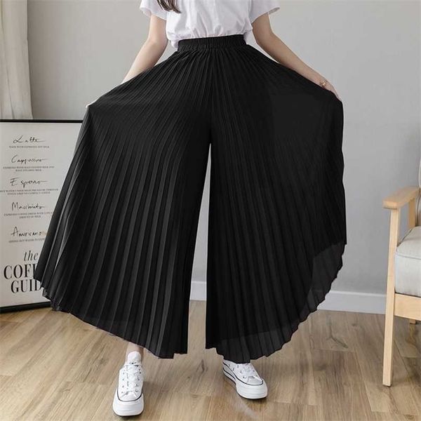 

women summer autumn pleated loose pants fashion female chiffon elastic waist skirt black blue wide leg femme 211115, Black;white