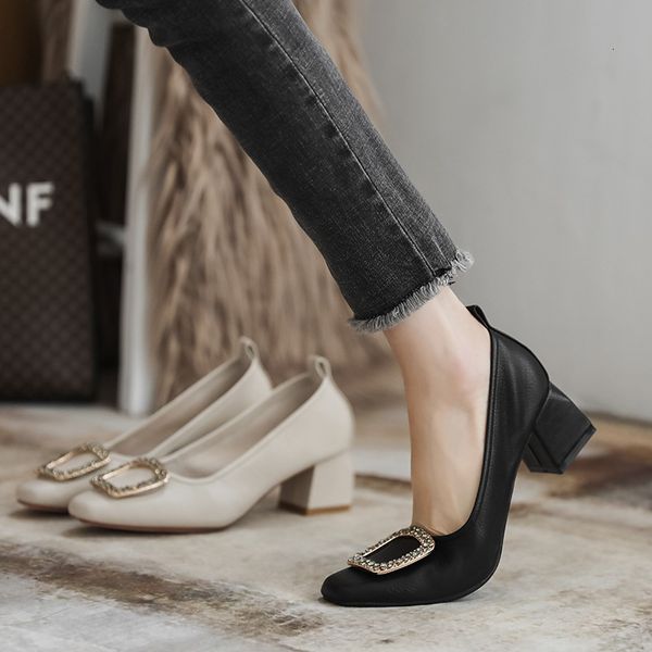 

dress shoes fashion single shoes casual soft shallow mouth granny women thick heel korean leather 616-2 27j7, Black