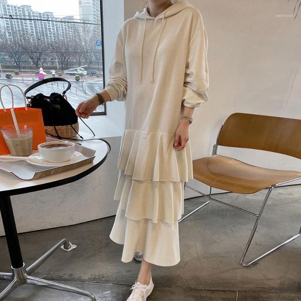 

casual dresses women fashion korean autumn 2021 hooded dress solid color splicing long sleeve ruffle loose pullovers womens, Black;gray