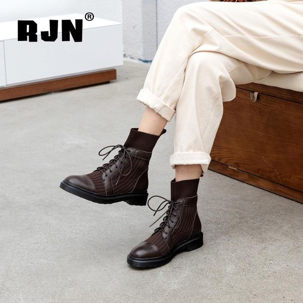 

boots rjn genuine leather women solid ankle knitting lace-up comfortable shoes square heel stylish ro22, Black