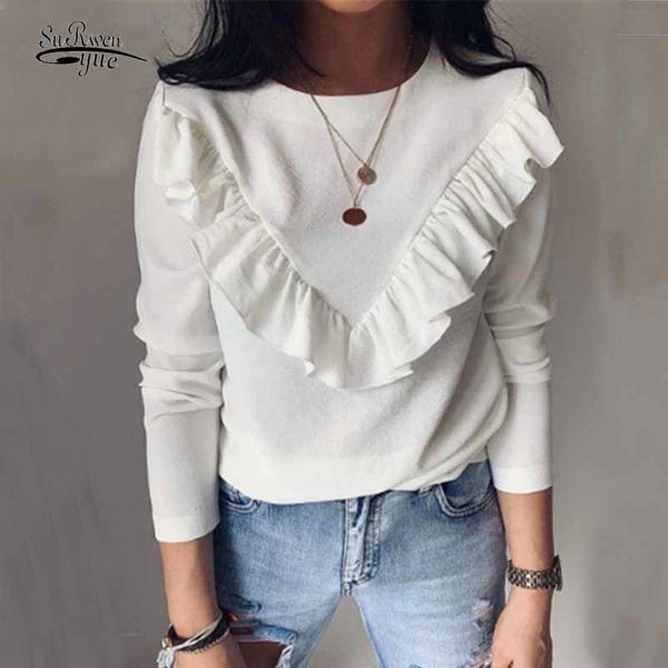 

ruffle stitching o-neck pullover fashion elegant long sleeve white ladies blouse autumn casual khaki shirt women blusa 12374 210417