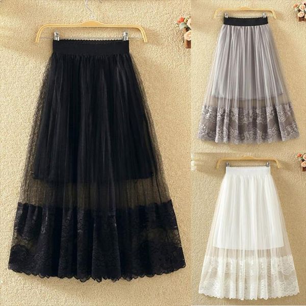

spring and autumn lace women skirts gauzy underskirt long mesh pleated woman mujer faldas saias mulher, Black