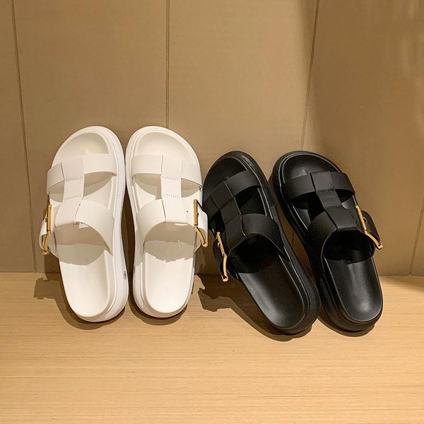 

dress shoes metalic square buckle creepers genuine leather woven sandals women open toe muffins slippers cowhide sandalias platform, Black