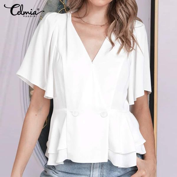 

women's blouses & shirts elegant tunic celmia women short sleeve v-neck ruffles blouse casual solid buttons lady summer blusas plu, White