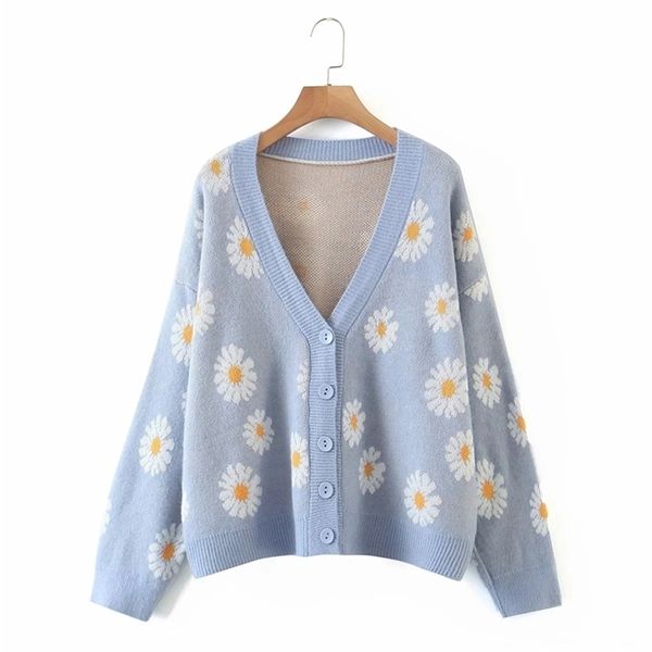 maglione morbido con stampa moda donna cardigan monopetto floreale con scollo a V a maniche lunghe da donna carino streetwear per ragazze 210521