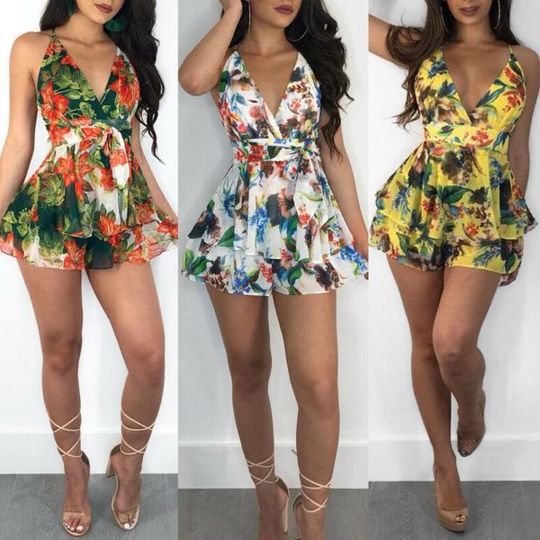 

women's jumpsuits & rompers 2021 fashion women sleeveless floral bodysuits summer beachwear party bodysuit feminino v-neck backless jum, Black;white