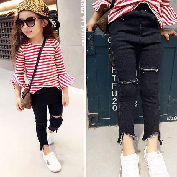 

jeans girl's 2021 spring year girls black ripped broken hole leggins toddler denim trousers for 2 3 4 5 6 7 8 years, Blue