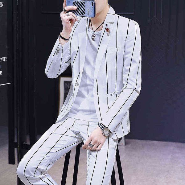 

luxury men's suits blazers suit slim fit korean youth personality small student thin coat stripe two piece suit male, White;black