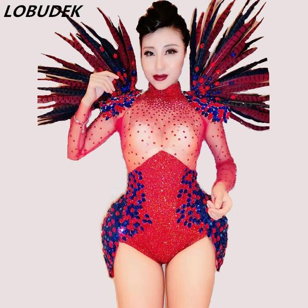 

see-through bright crystals bodysuit female costume red feather rhinestones bar dancer catwalk show stage clothing women's jumpsuits &, Black;white