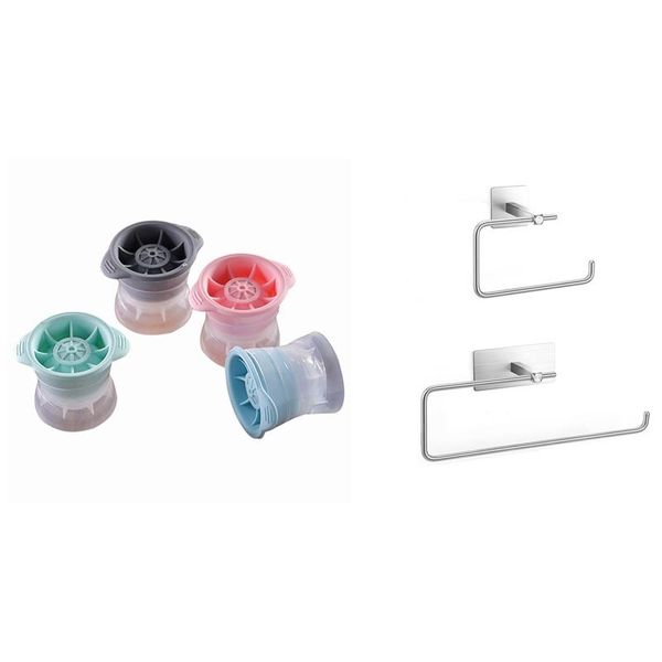 

-4pcs whiskey ice tray square mold with 2pack wall mount adhesive paper towel holder tissue roll storage rack toilet holders