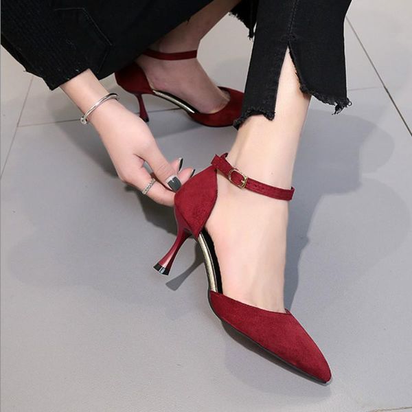 

women pumps shoes concise buckle strap flock shallow 7.5cm thin high heels wine glass heel casual lady solid female sandals, Black