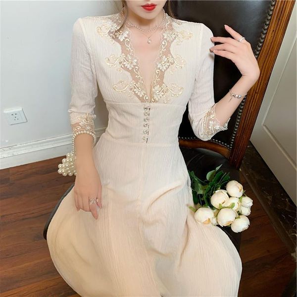 

casual dresses floral fairy dress women elegant retro designer party female lace patchwork slim chiffon solid midi autumn 2021, Black;gray