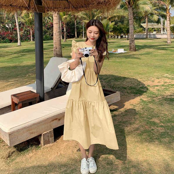 

fat [onione] dress 2021 summer chiffon yellow mm medium length slim short sleeve skirt, White;black