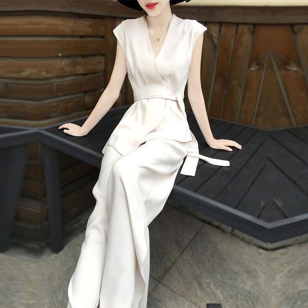 

women 2021 summer fashion 2 piece sets female solid color v-neck sleeveless ladies loose wide-leg pants suits k156 women's two, White