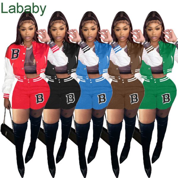 Tute da donna Set da due pezzi Completi firmati Uniforme da baseball Giubbotto di giunzione Lettere Stampate Cuciture a colori Pantaloncini a maniche lunghe Abbigliamento sportivo casual 5 colori