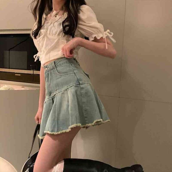 

girl denim summer women skirt high waist was thin a-line short pleated legs long youth, Black