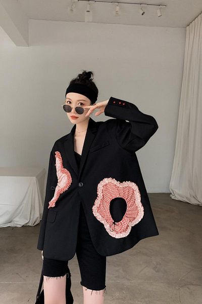 

spring and summer black flower suit jacket female design sense niche korean style loose stitching small trend women's suits & blazers, White;black