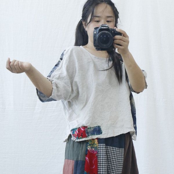 

johnature patchwork embroidery plate buckle o-neck half sleeve irregular shirt autumn cotton linen all-match women 210521, White