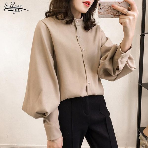 

solid stand collar elegant women shirts loose plus-size 4xl lantern sleeve cardigan blouse blusas mujer 8931 50, White
