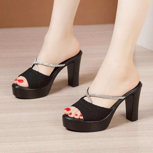 

high heel rhinestone sandals women summer 2021 platform open toe large size 32 to 43 chunky heels, Black