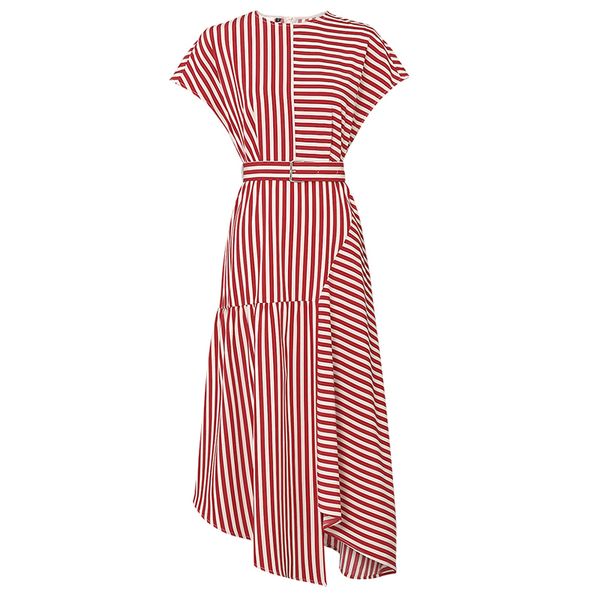 

red striped o-neck zipper short sleeve asymmetrical knee length dress summer elegant sash women d1681 210514, Black;gray
