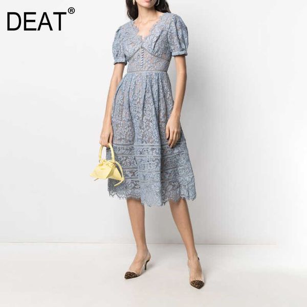 

[deat] summer fashion v-neck high waist knee-length hollow out short sleeve solid color loose dress women 13d207 210527, Black;gray