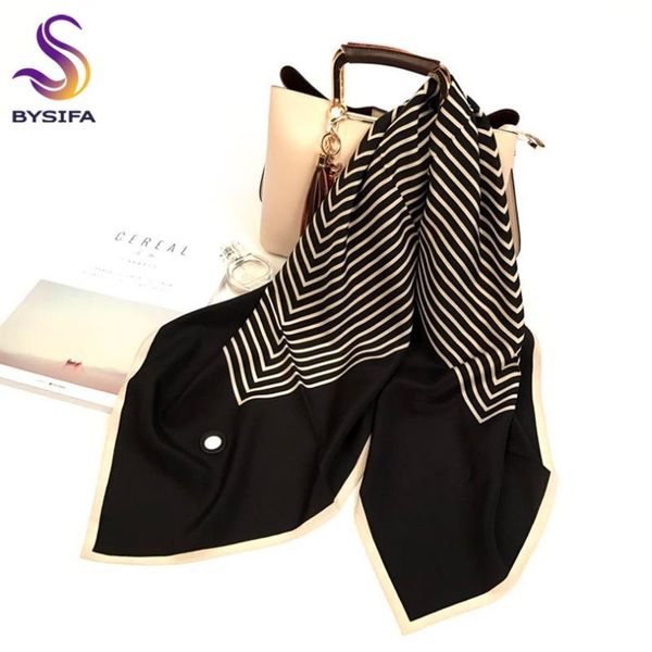 

scarves [bysifa] brand striped 100%pure silk scarf shawl fashion women perforated 90cm fall winter black,white square neck, Blue;gray