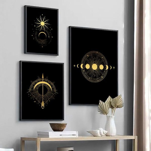 

paintings black gold sun moon star canvas poster print modern home decor abstract wall art painting nordic living room decoration picture