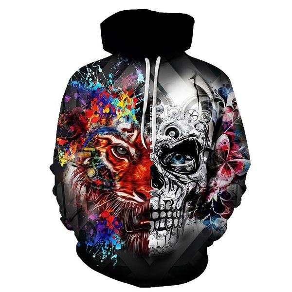 

skull series 3d printed long sleeve hoodie large pullover drawstring sweater, Black