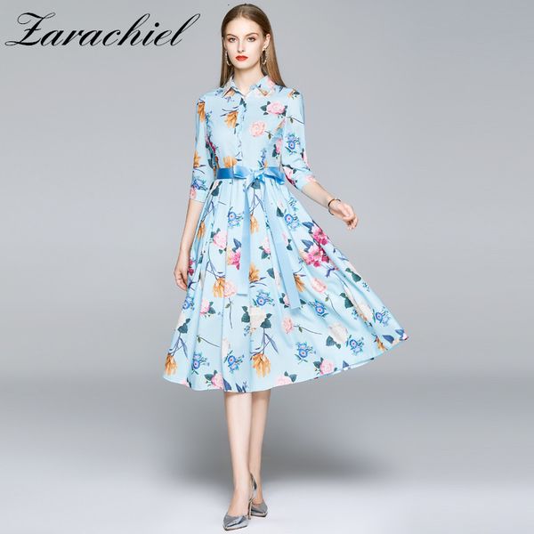 

dresses floral women midi shirt bohemian a-line turn down collar ribbon belted female flower print blue es, Black;gray