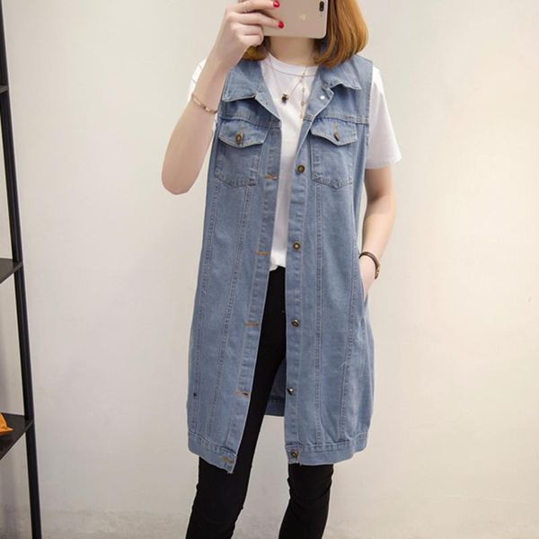

women's vests plus size 5xl women denim coats long casual loose jeans waistcoat jacket female 2021 fashion lapel sleeveless outwear, Black;white