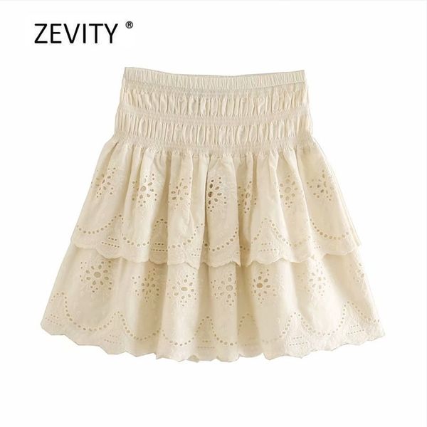 

zevity women fashion hollow out embroidery ruffles mini skirt faldas mujer ladies elastic waist solid chic casual skirts qun647 210419, Black