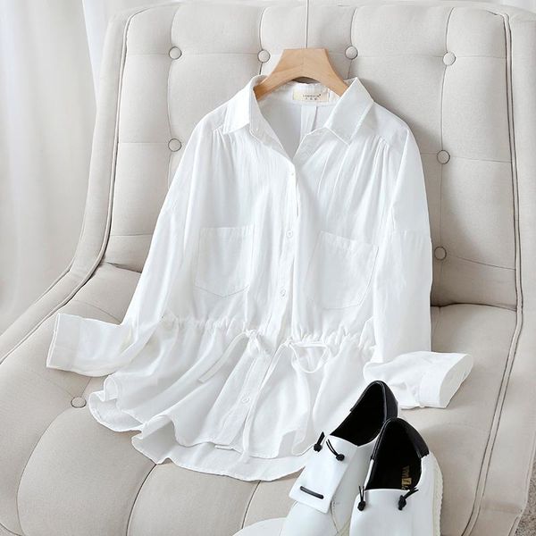 

women's blouses & shirts drawstring waist blouse women 2021 spring autumn drop shoulder long sleeve oversize shirt lady shirring turn d, White