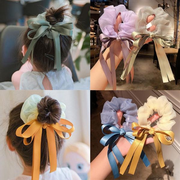 

hair accessories satin silk bowknot scruchies girls kids ponytail holder elastic organza bands ties 2021 trend, Slivery;white