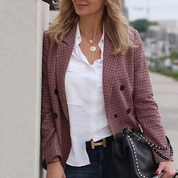 

work office lady suit slim double breasted business female blazer fashion autumn women plaid blazers and jackets coat pockets women's s, White;black