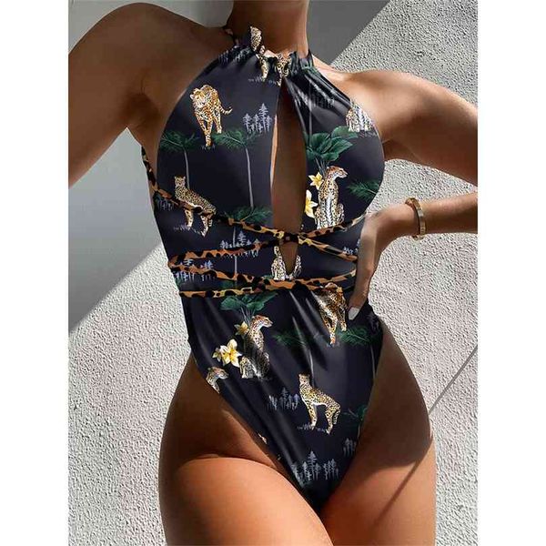 Swimsuit Imprimir Swimwear Mulheres Cross Monokini Sexy Bathless Bathing Suit Halter Beach Wear Deep V Bodysuit 210712