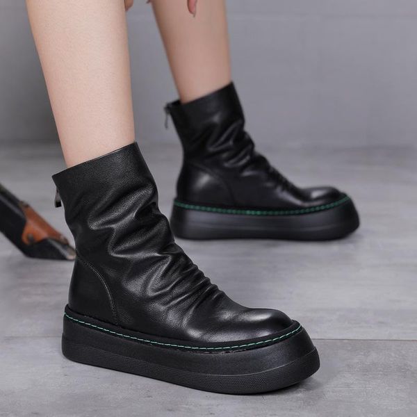 

boots original genuine leather ankle women shoes autumn winter plush zip round toe flat with sewing platform short, Black