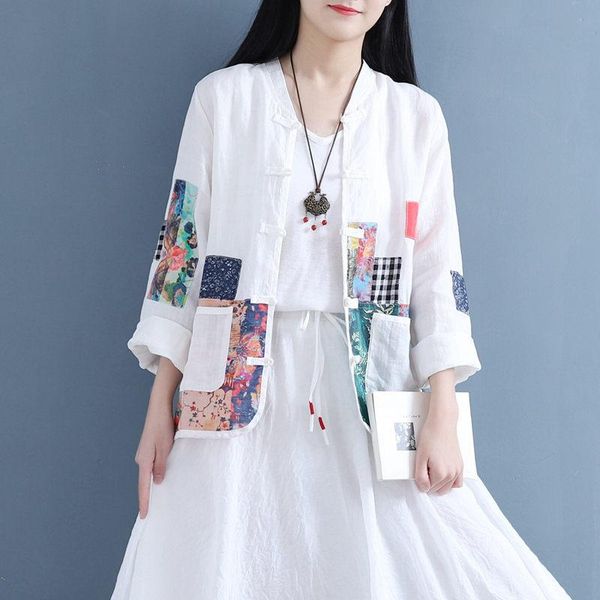 

women's jackets spring summer shirt coat literary linen embroidery patch women loose casual cotton buckle wide blusa r457, Black;brown