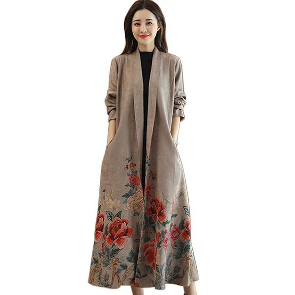 

women's trench coats spring and autumn winter national wind-printed coat with a long paragraph suede slim, Tan;black
