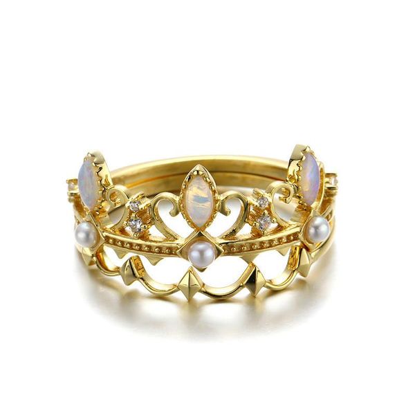 

cluster rings unice vintage 9k genuine gold natural gemstone oval opal stackable crown pearl bridal set for women gift fine jewelry, Golden;silver