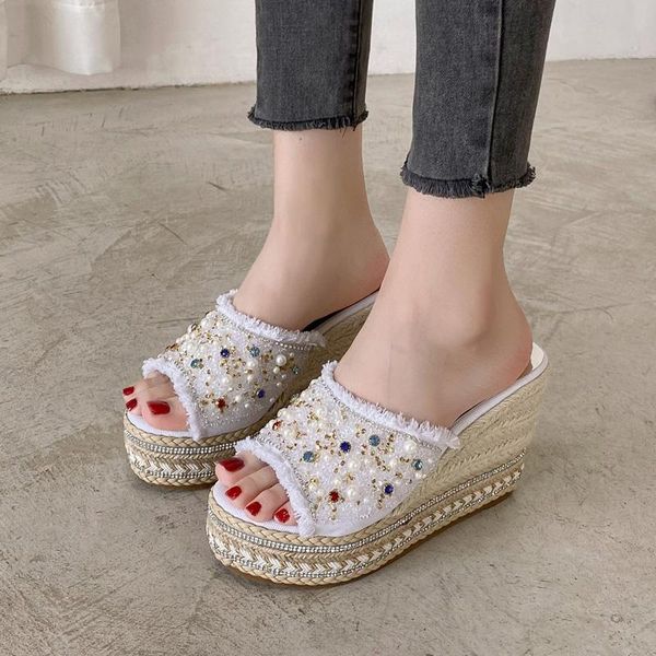 

high-heeled shoes lady glitter slides woman's slippers multicolored sandals on a wedge string bead platform jelly 2021 crystal, Black